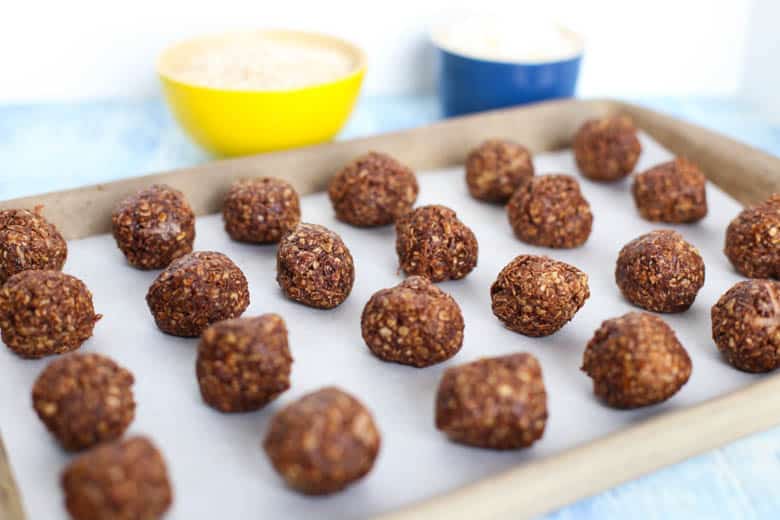 No Bake Chocolate Oatmeal Cookie Bites on a baking sheet