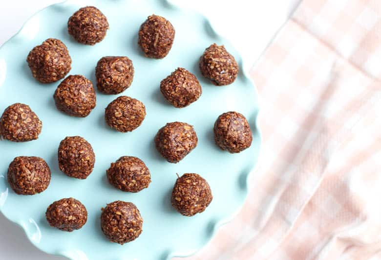 No Bake Chocolate Oatmeal Cookie Bites on blue dish