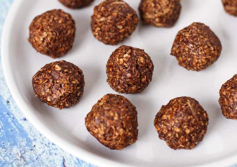 No Bake Chocolate Oatmeal Cookie Bites on white plate