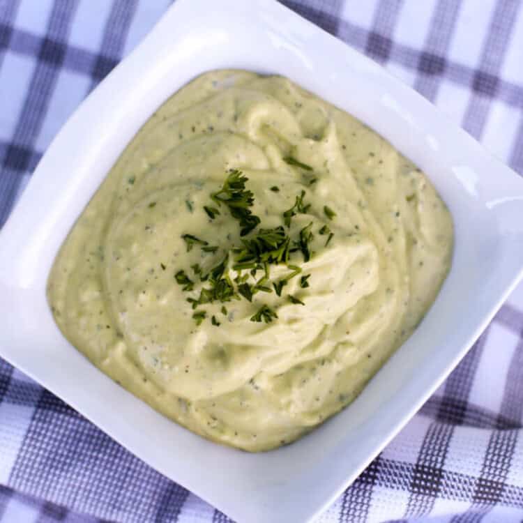 Avocado Aioli in a white square dish.