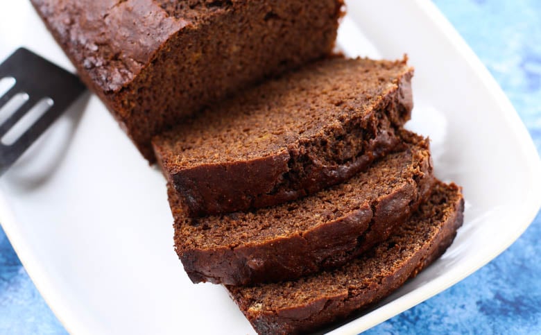 chocolate banana bread slices on white plate