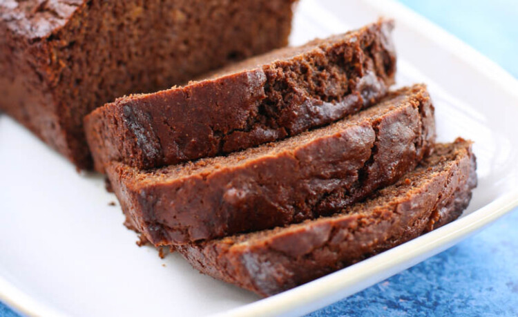 chocolate banana bread slices on white plate