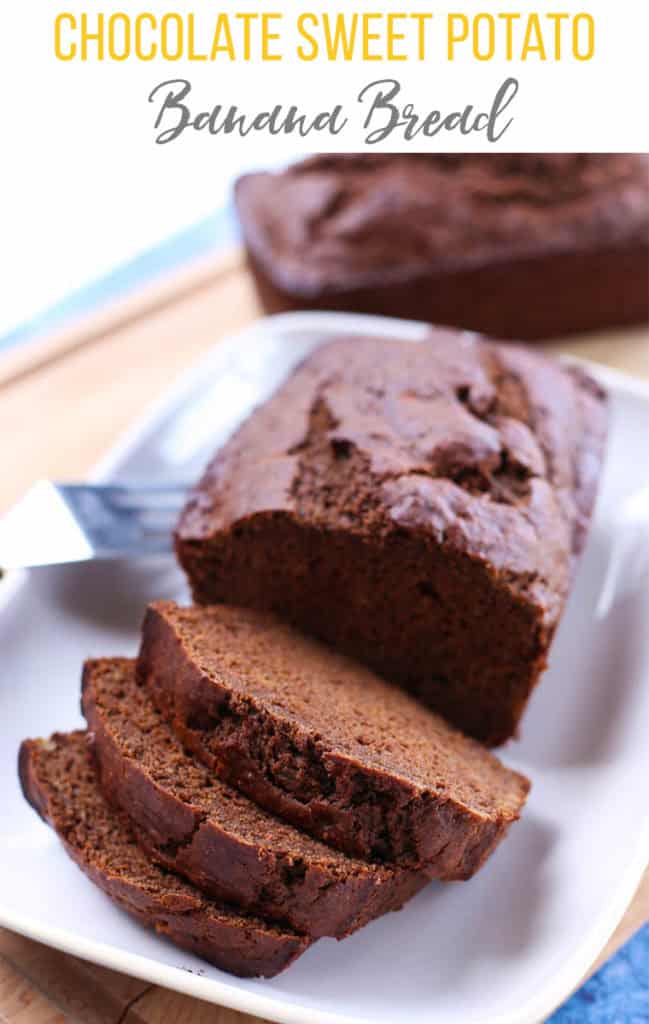 chocolate banana bread slices on white plate