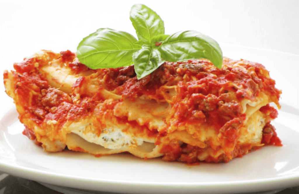 Beefy Baked Ravioli on a white plate