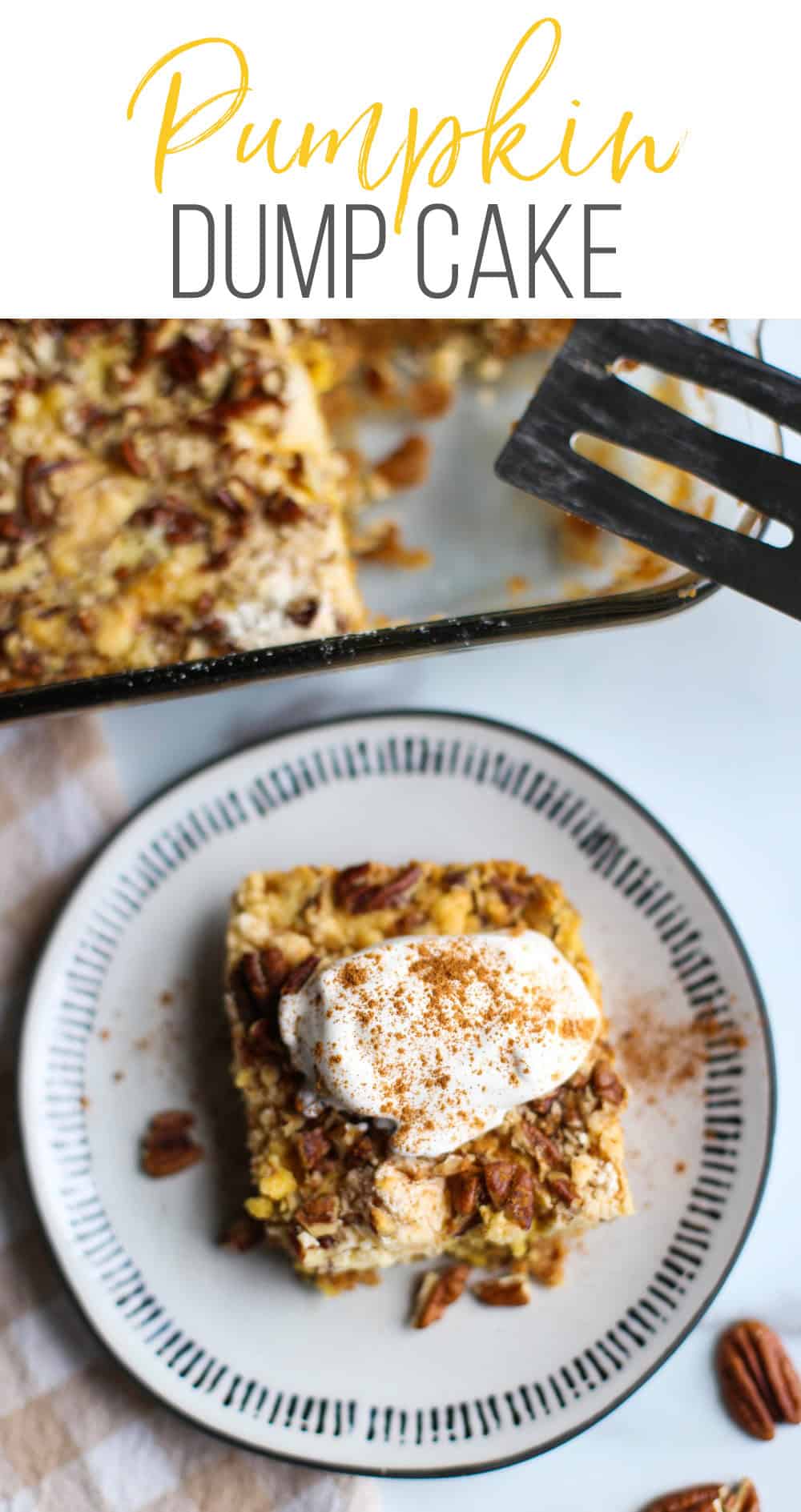 Pumpkin Dump Cake served on a plate with whip cream and cinnamon on top.