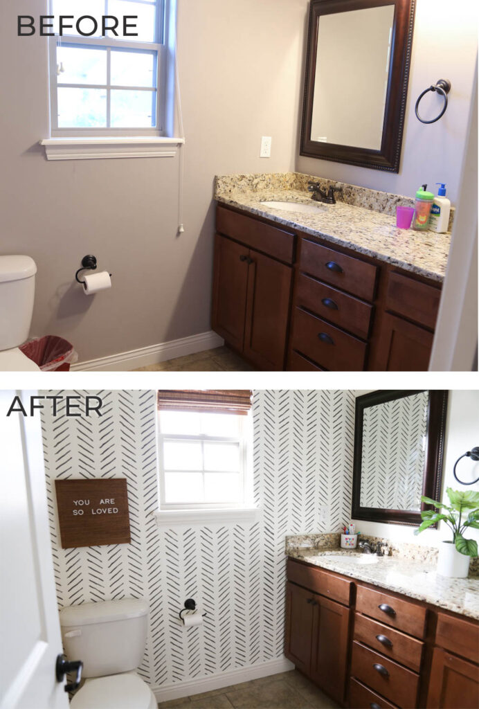 Before and after picture of kids bathroom