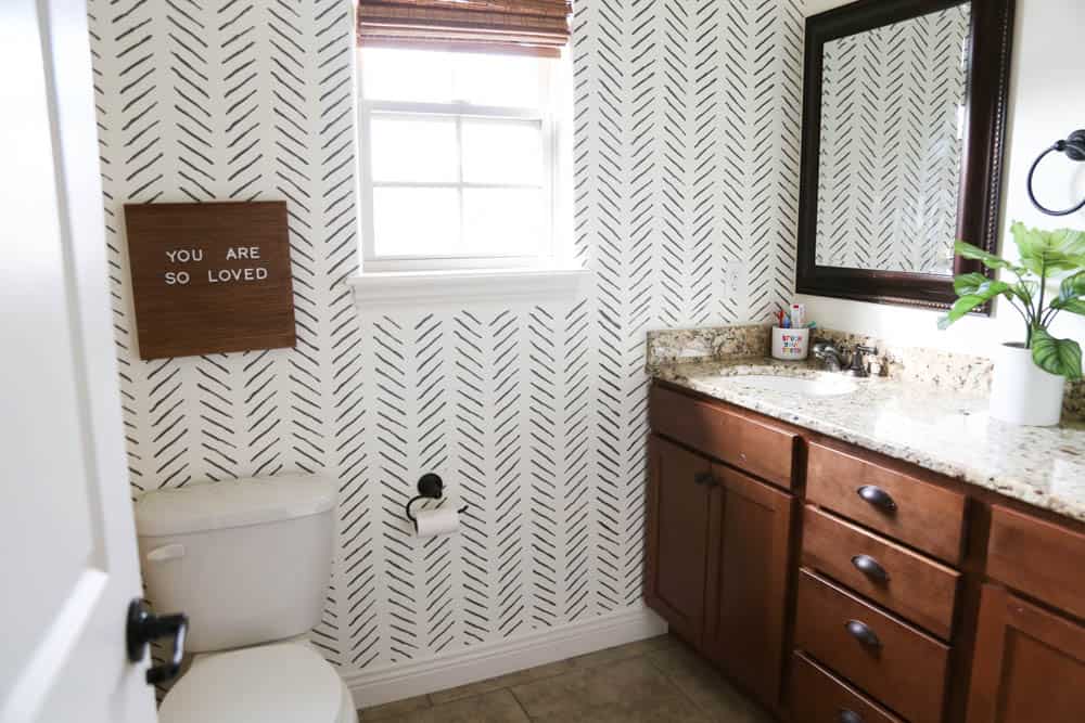 Stenciled wall in bathroom