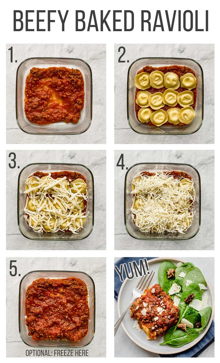 Step by step photos of layering ingredients for beefy baked ravioli.