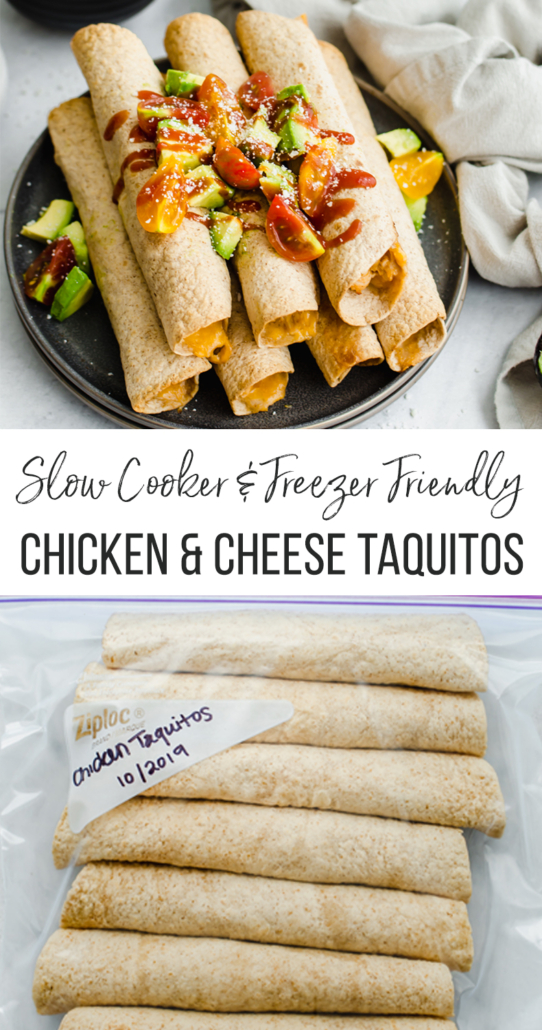 Slow cooker chicken and cheese taquitos - kid friendly freezer meal