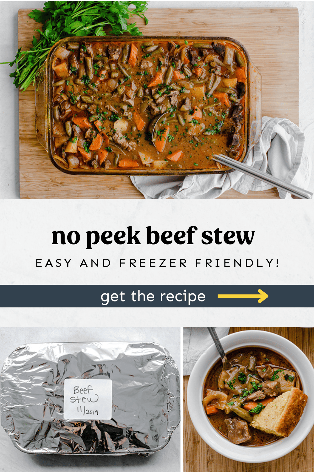 Collage of no peek beef stew in a pan, in a bowl, and prepped for the freezer.