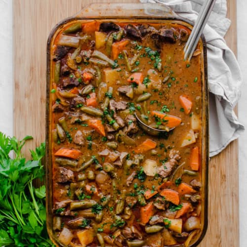 Finished easy beef stew cooked in a casserole dish