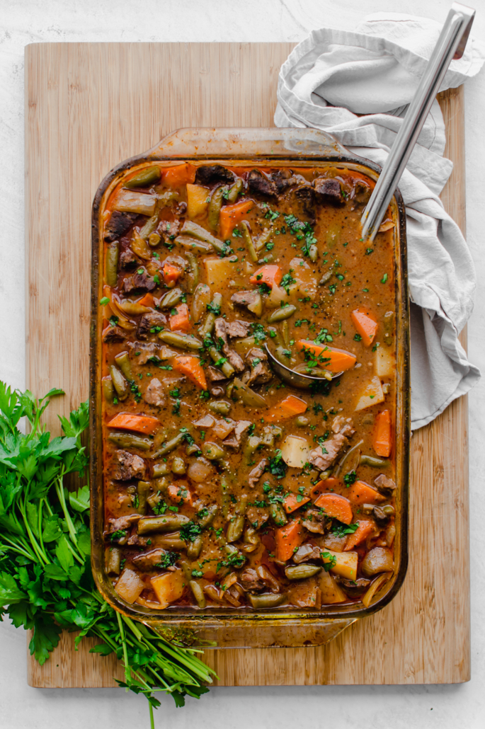 Finished easy beef stew cooked in a casserole dish