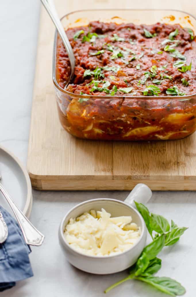 Beefy Baked Lasagna in a baking dish
