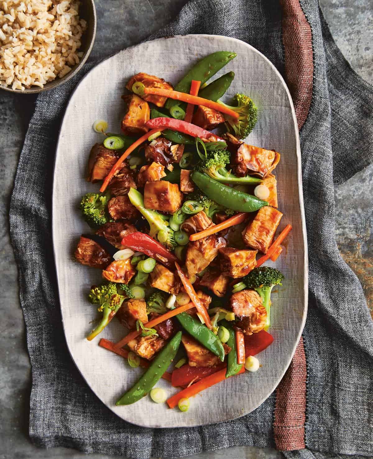 Honey Bourbon Chicken and Stir Fry Vegetables on a large white platter