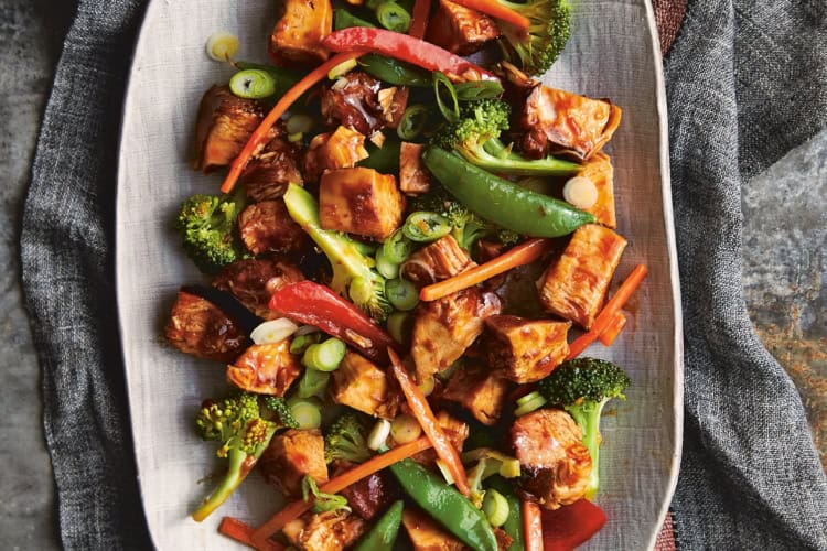 Honey Bourbon Chicken and Stir Fry Vegetables on a large white platter