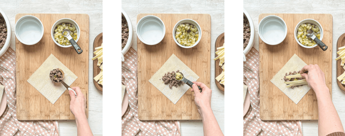 First steps to filling wonton wrapper with cheeseburger filling.