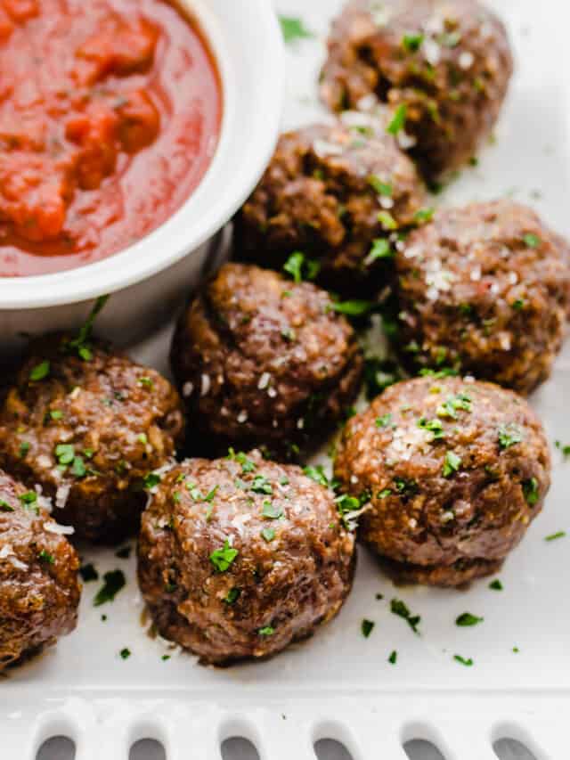 Overhead shot baked meatballs