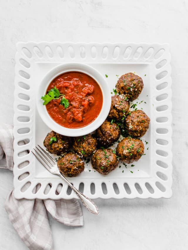 Overhead shot baked meatballs