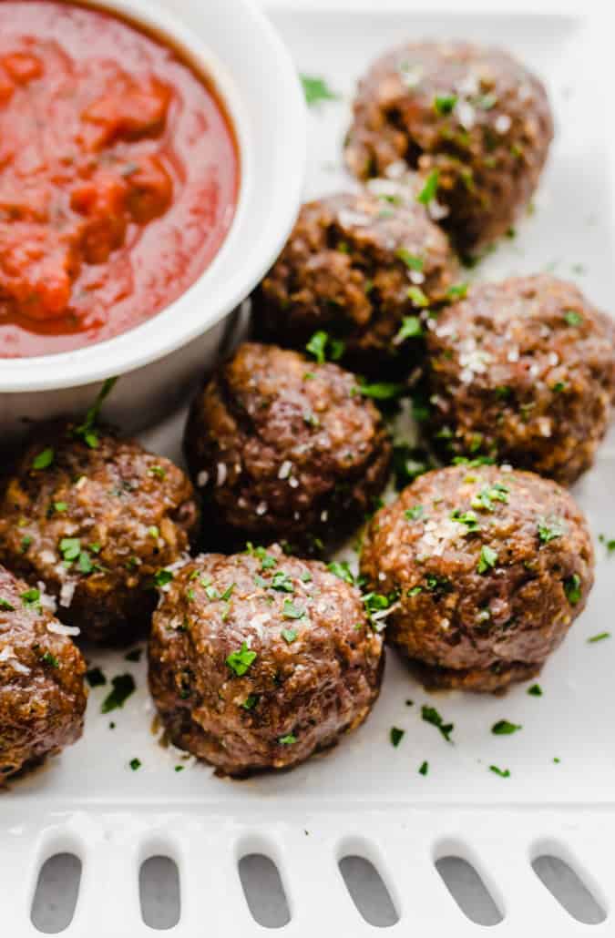 Overhead shot baked meatballs