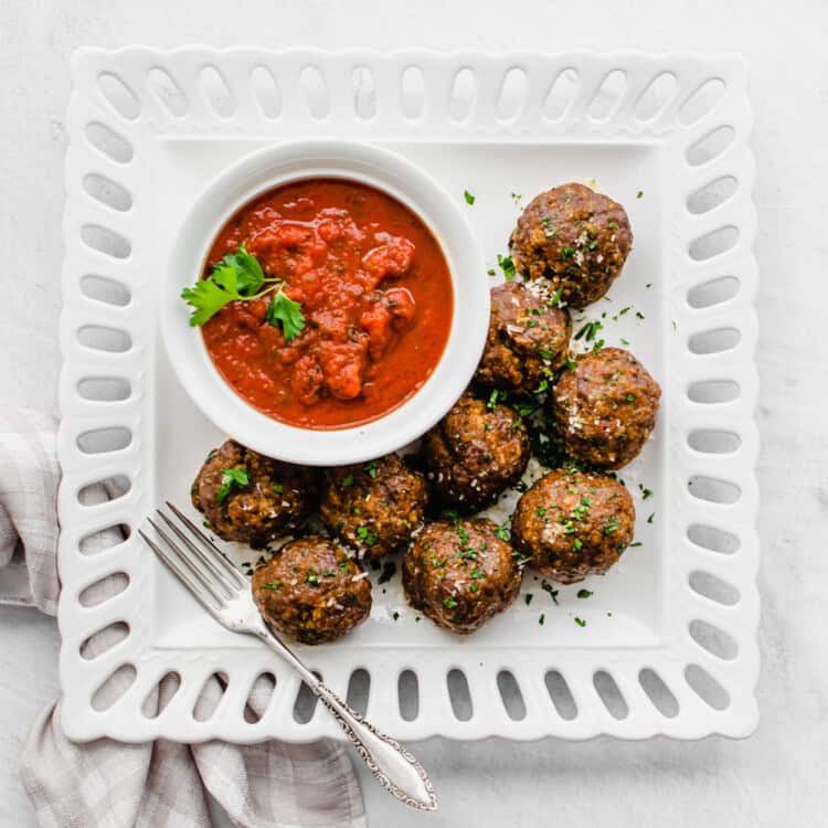 Overhead shot baked meatballs