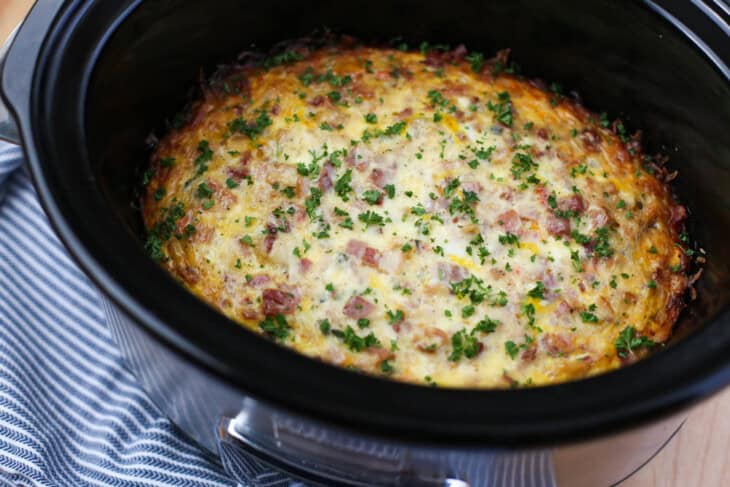 Crockpot Breakfast Casserole with Bacon and Gruyere