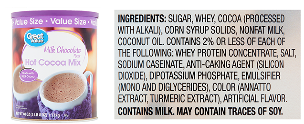 Screen shot of a container of Great Value Hot Cocoa mix with the ingredients list next to it.