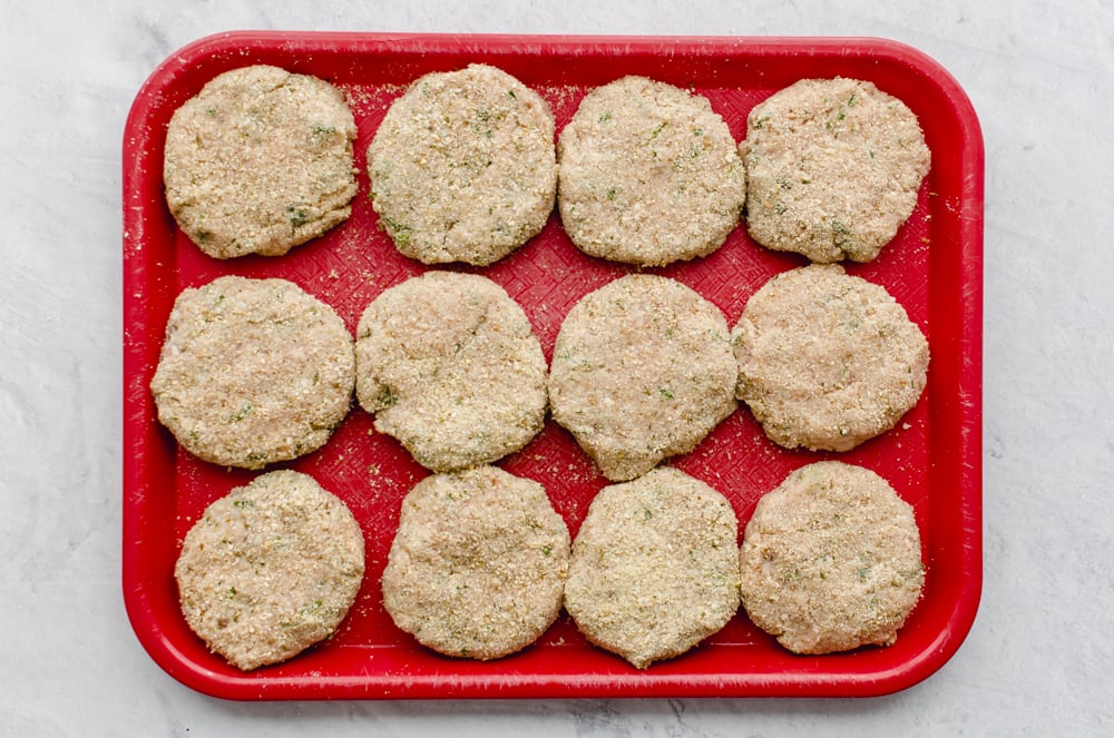 Chicken burgers assembled for the freezer. 