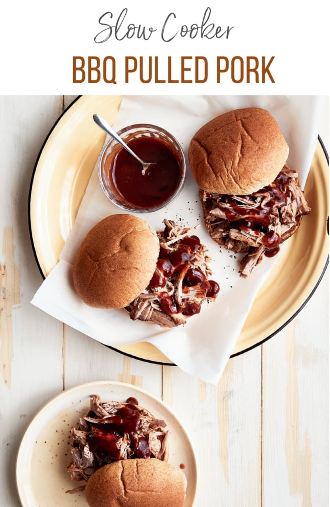 Slow cooker BBQ Pulled Pork Sandwiches on a yellow plate