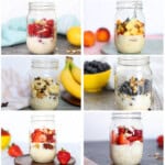 Collage of 6 mason jars with various overnight oats prepared in them.