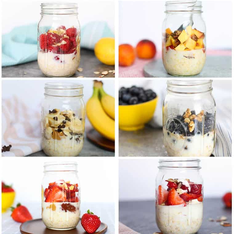 Collage of six mason jars with various overnight oats in them.