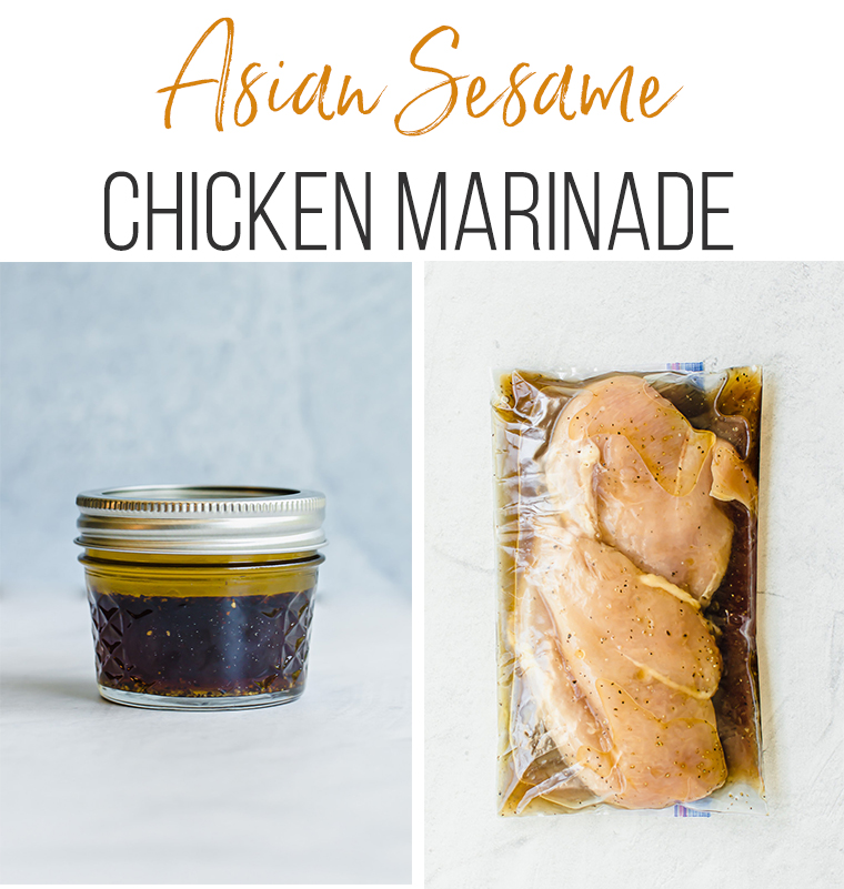 Asian chicken marinade in a small mason jar and two chicken breasts in a freezer bag with marinade