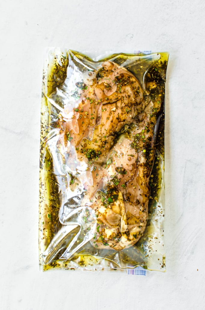chicken breasts in freezer bag with marinade