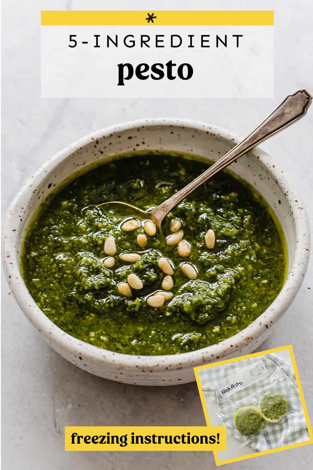 Homemade pesto in a bowl with an inset of frozen pesto in a freezer-bag.