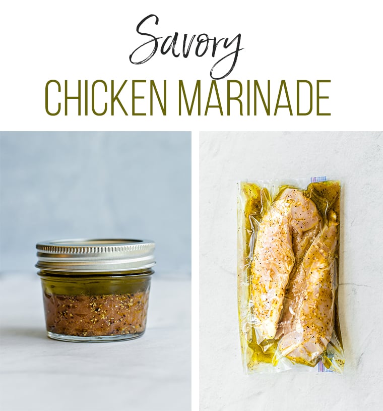 savory chicken marinade in a mason jar and in a freezer bag with chicken breasts