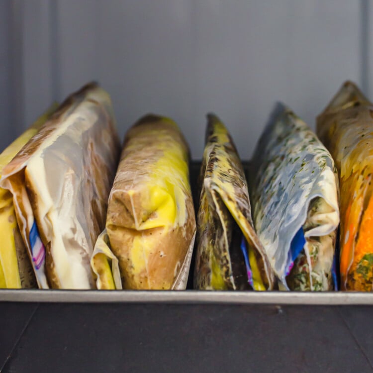 Frozen chicken in marinades in freezer bags lined up in a freezer.