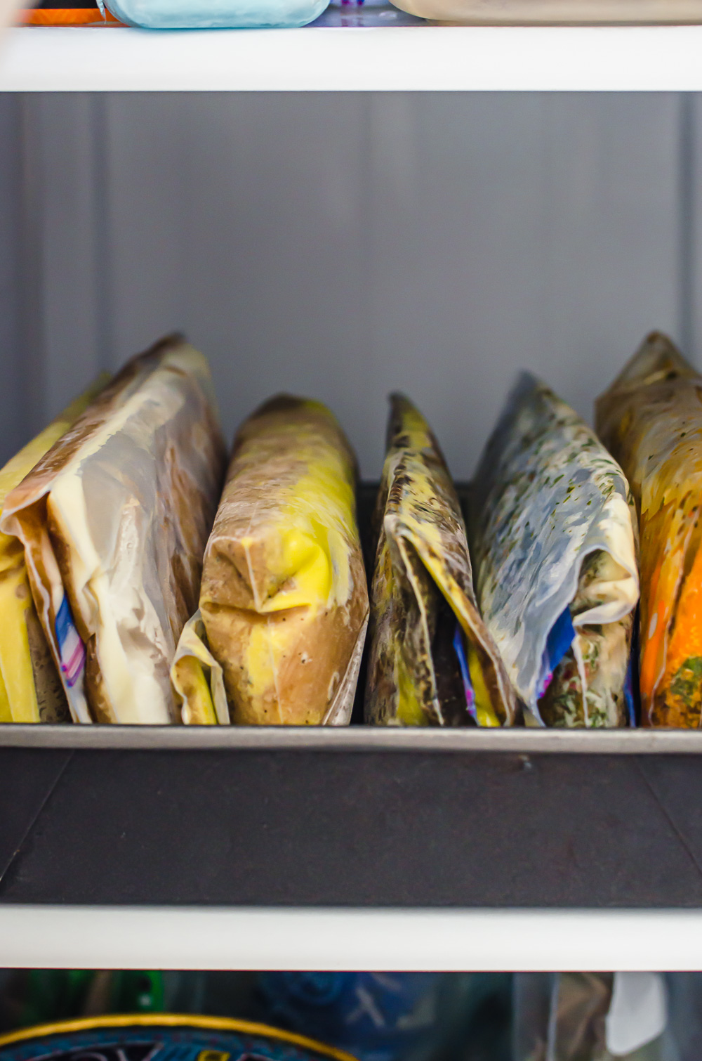 Frozen chicken in marinades in freezer bags in a freezer.