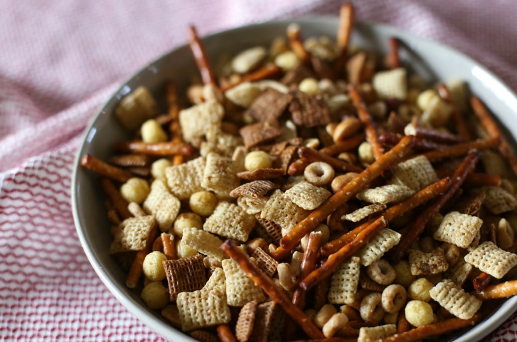 Homemade Chex Mix in a white bowl