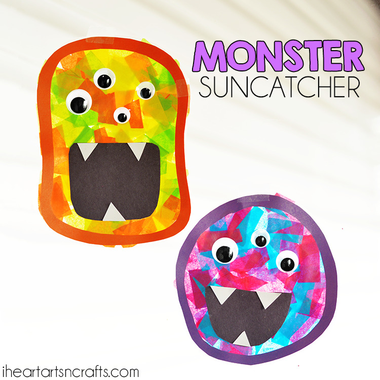 Monster sun catcher halloween craft completed in two different color themes - orange/yellow/green and teal/purple/pink.
