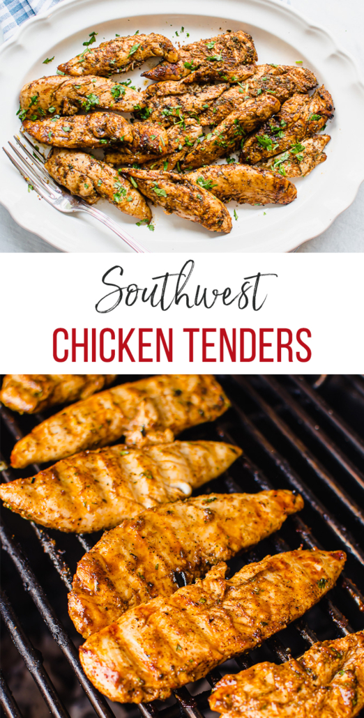 Southwest Chicken tenders on a white plate and on the grill 