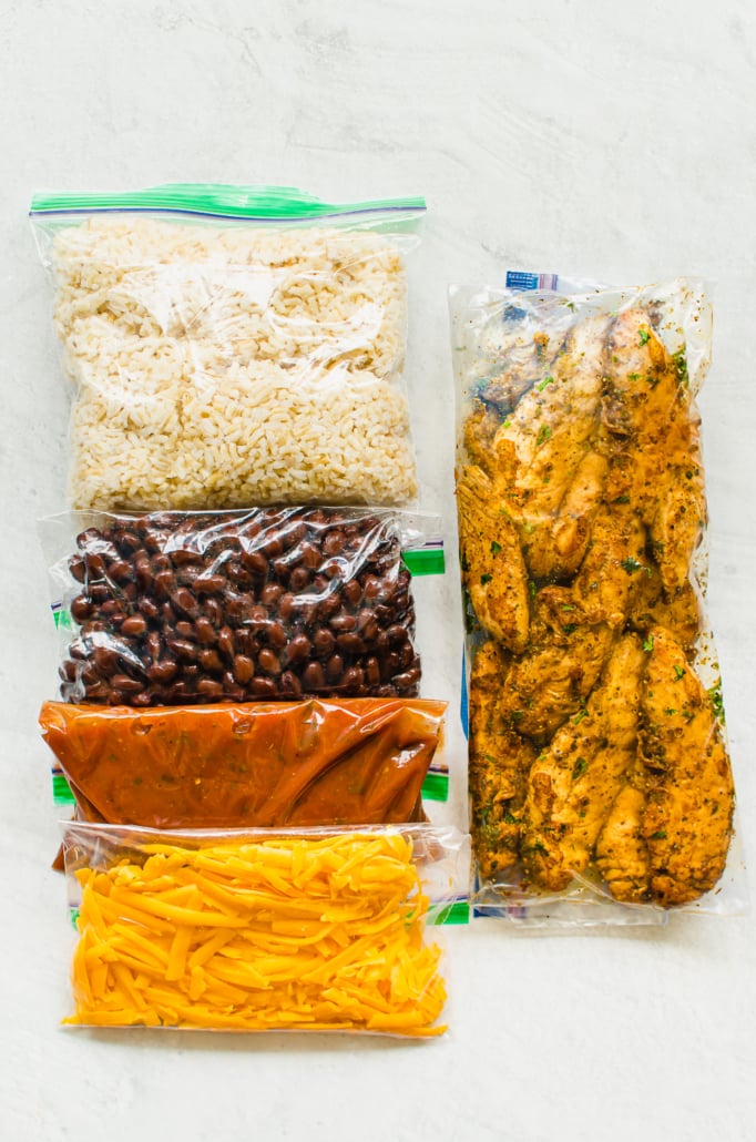 Ingredients meal prepped chicken for burrito bowls