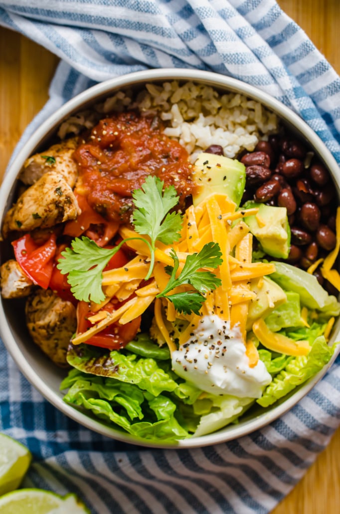 Chicken burrito bowl with fresh toppings