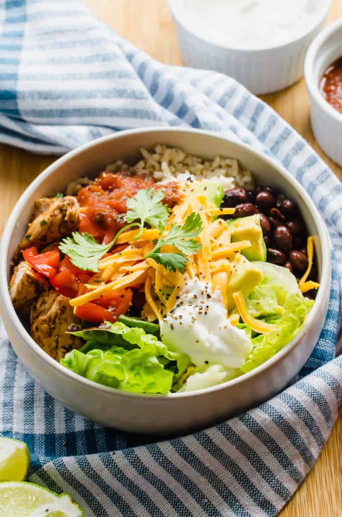 Chicken burrito bowl with toppings