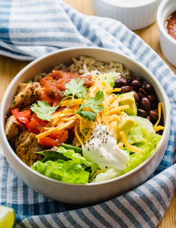 Chicken burrito bowl with toppings