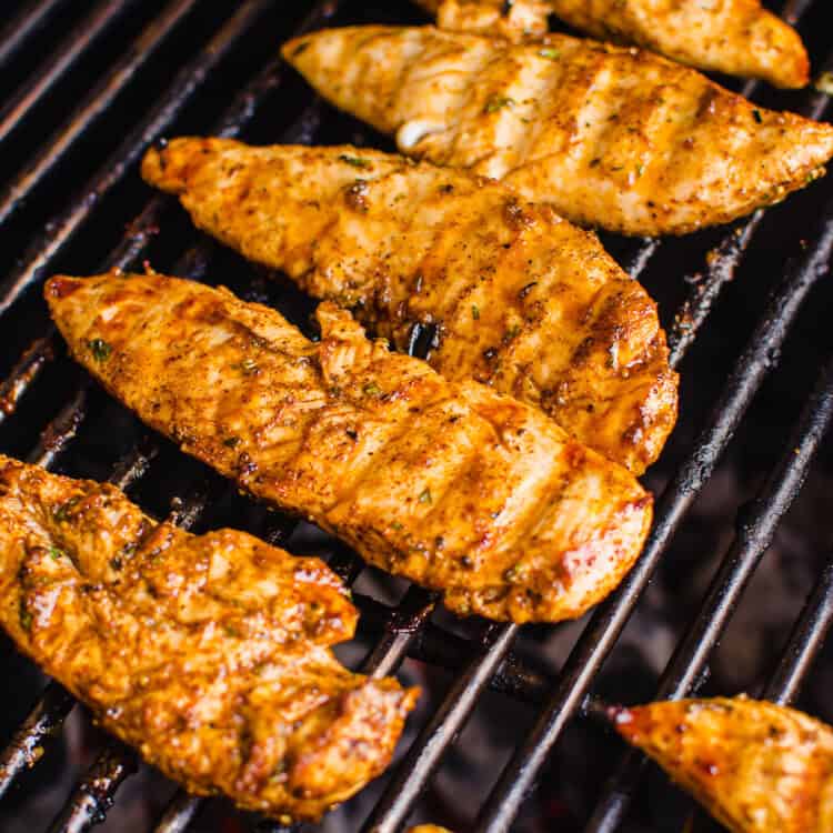 Southwest chicken tenders on the grill.