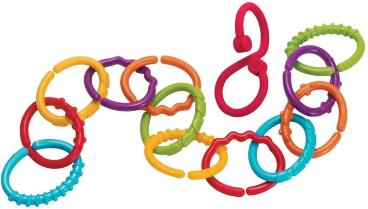 Different color plastic link toys linked together.