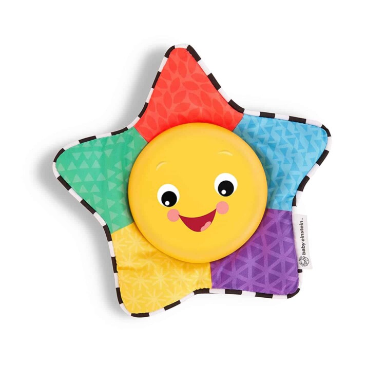 Baby Einstein star toy made of different color fabric and plastic pieces.