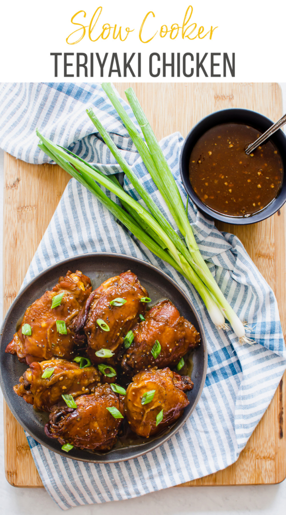 teriyaki chicken thighs on a plate with green onion