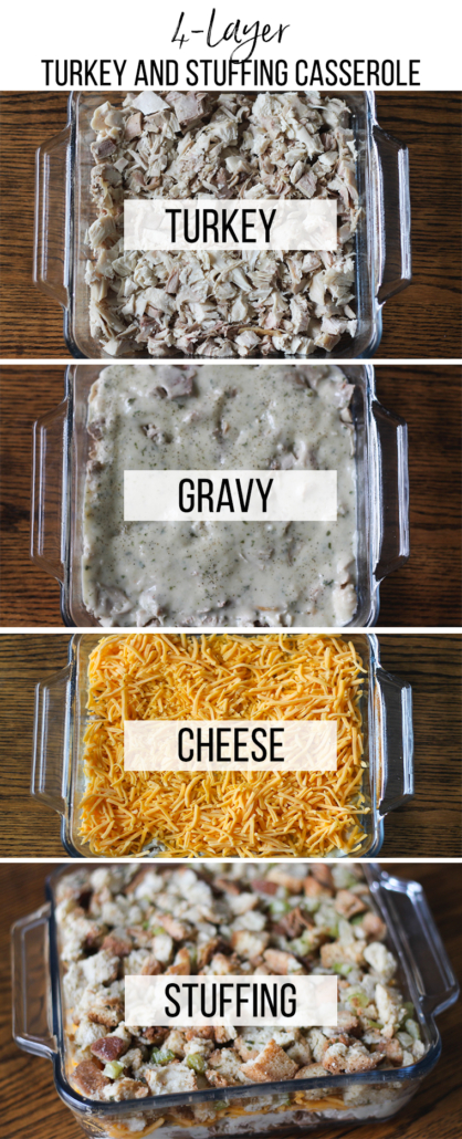 step by step pictures of the four layers in 4-Layer Turkey and Stuffing Casserole: 1) turkey, 2) gravy or cream of chicken soup, 3) shredded cheddar cheese, and 4) stuffing