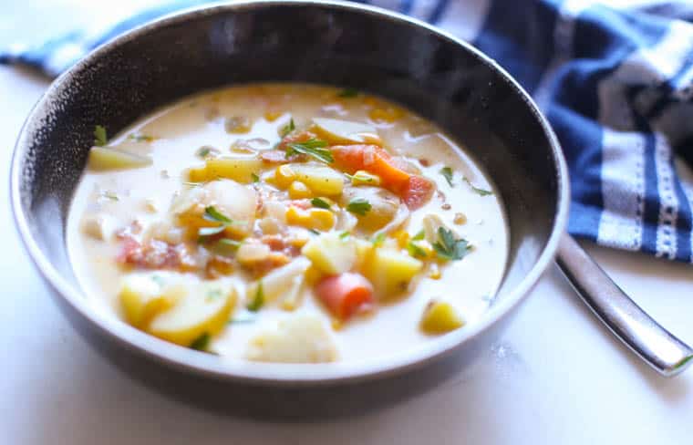 potato corn chowder in a bowl