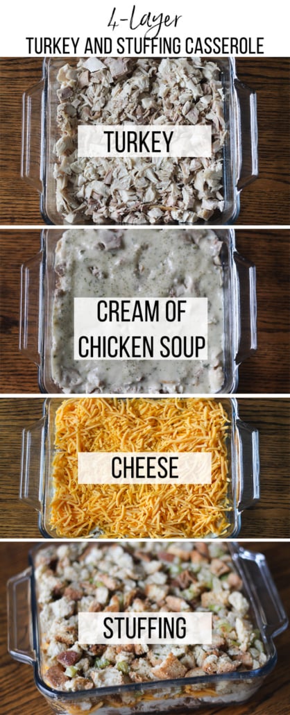 Tall image showing the 4 layers of casserole, including turkey, cream of chicken soup, cheese, and stuffing